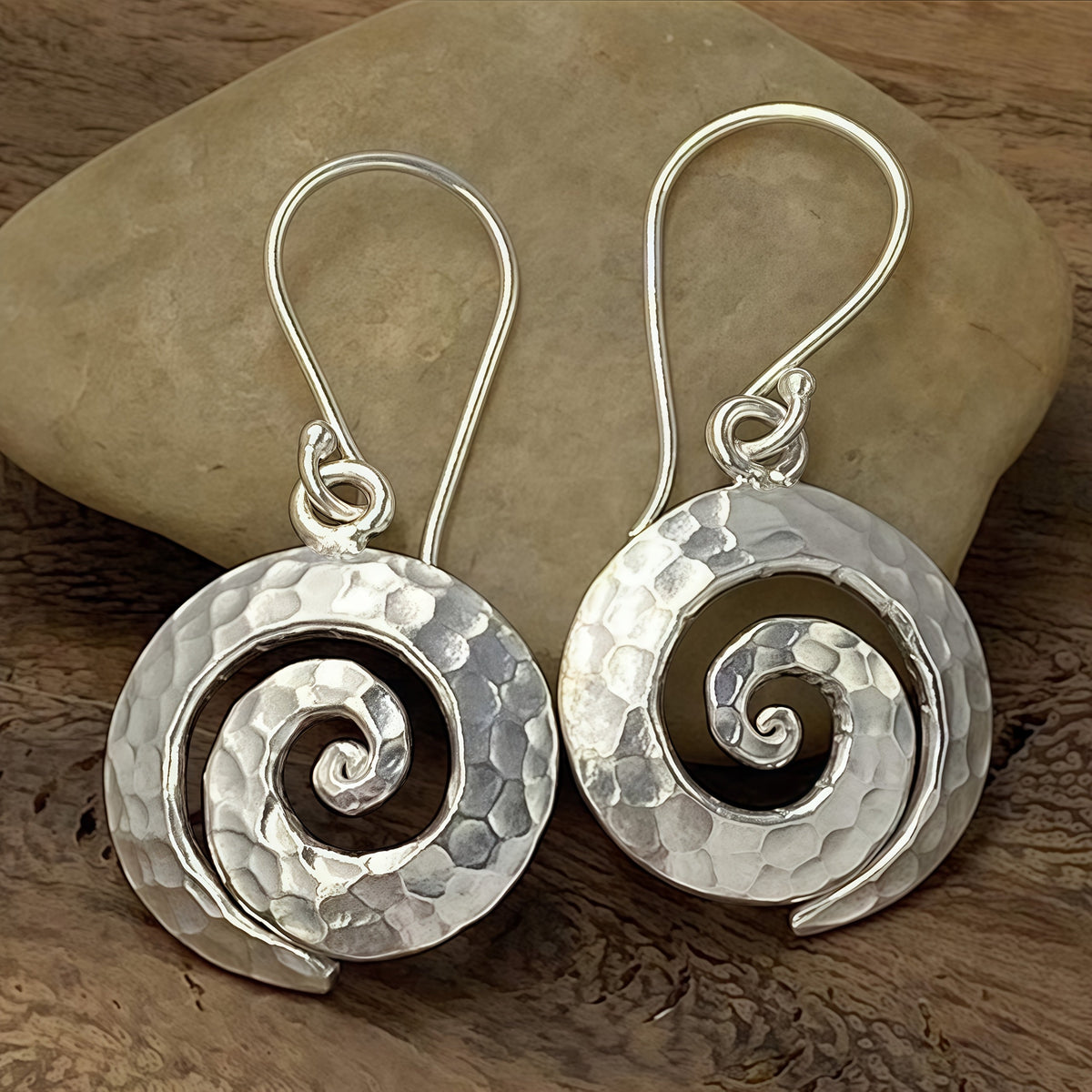 Artisan Spiral Hammered Silver Drop Earrings