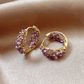 Elegant Purple Crystal Zirconia Gold Plated Hoop Earrings