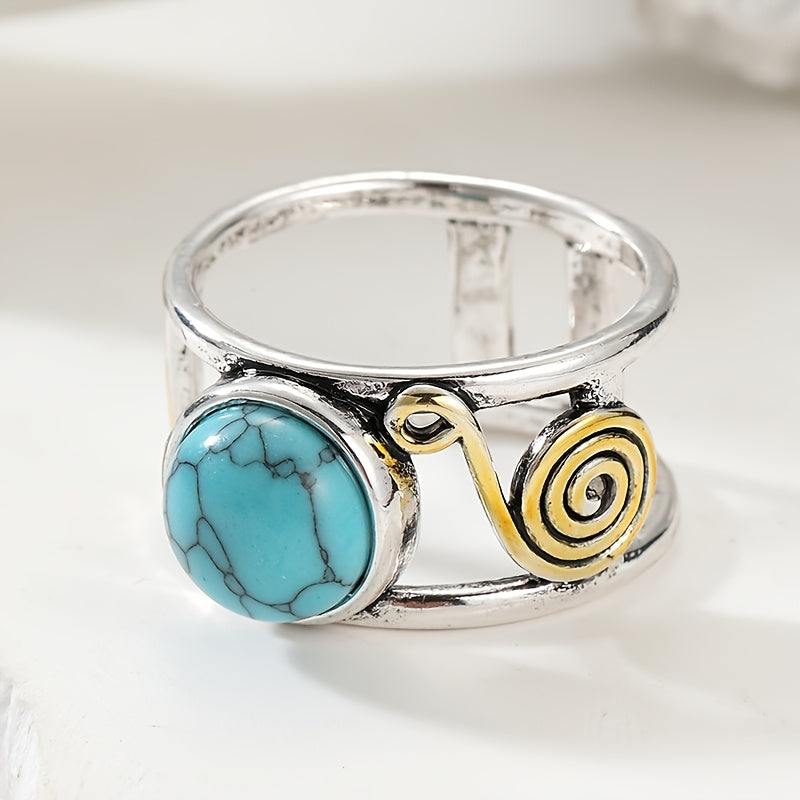 Bohemian Two Tone Plated Round Turquoise Stone Ring
