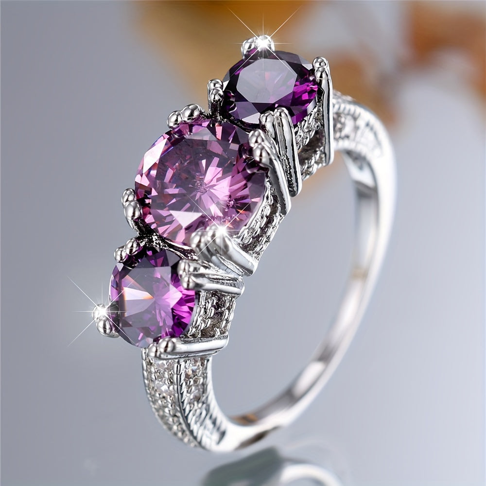 Three Stone Purple Round Zirconia Ring