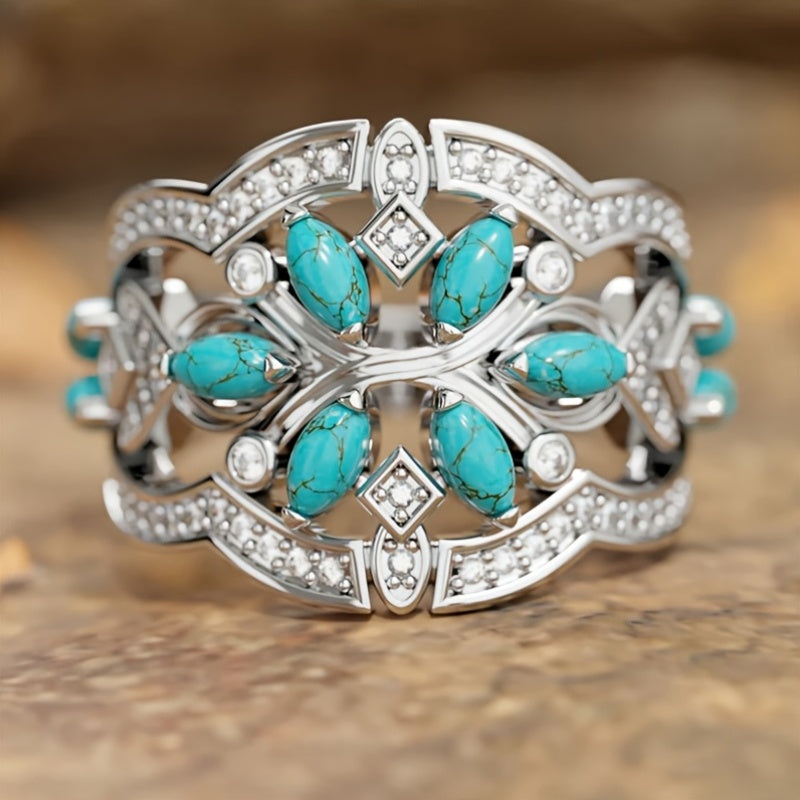 Bohemian Retro Art Turquoise & Crystal Statement Ring