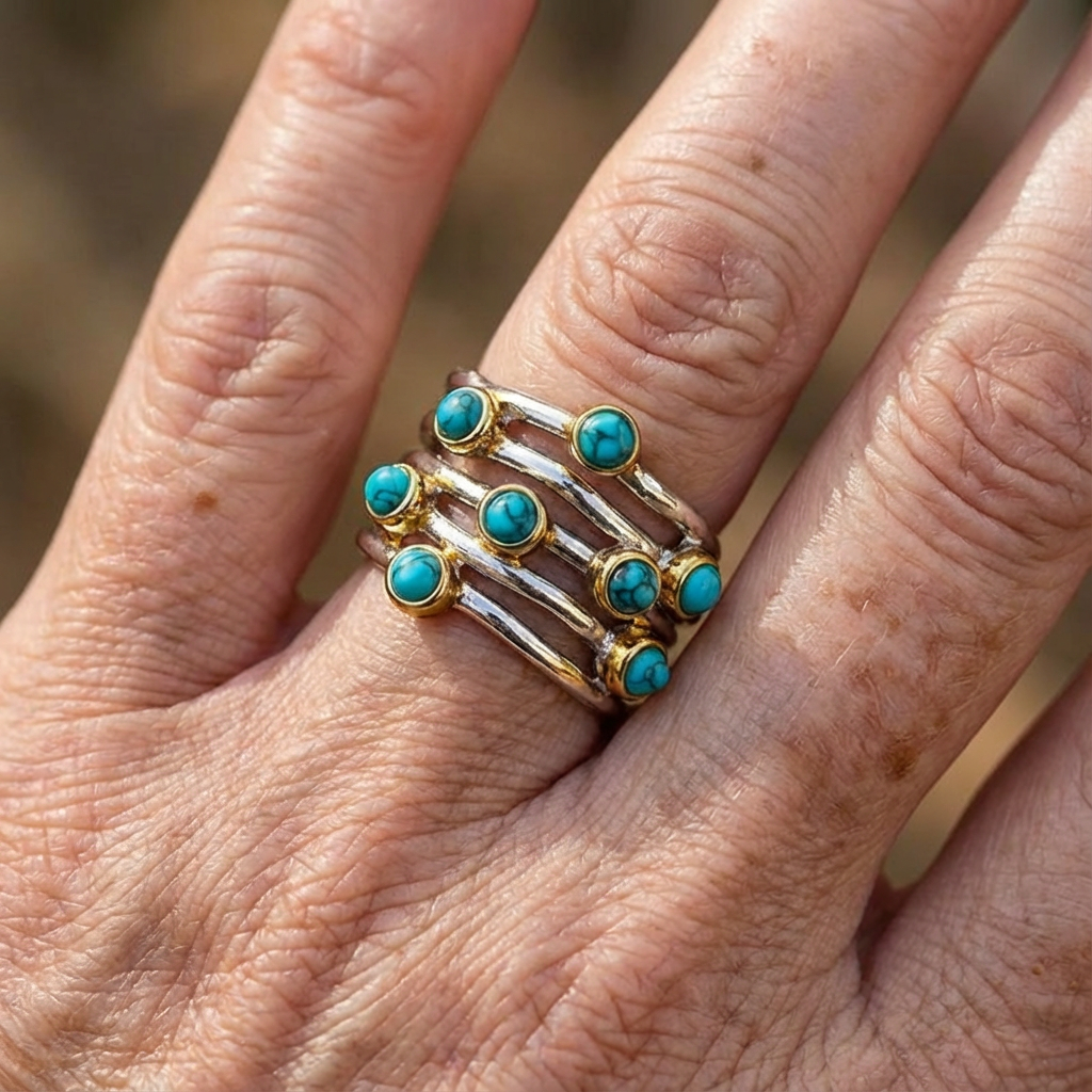 Mixed Metal Spiral Turquoise Stack Ring