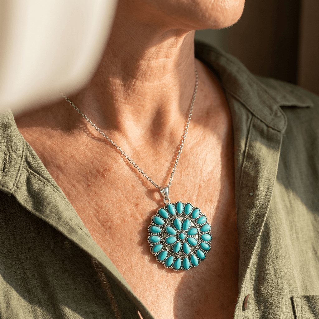 Vintage Round Turquoise Cluster Pendant Necklace
