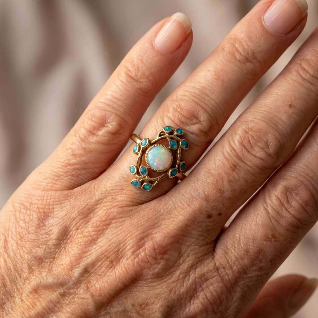 Vintage Floral Design Opal & Blue Crystal Gold Ring