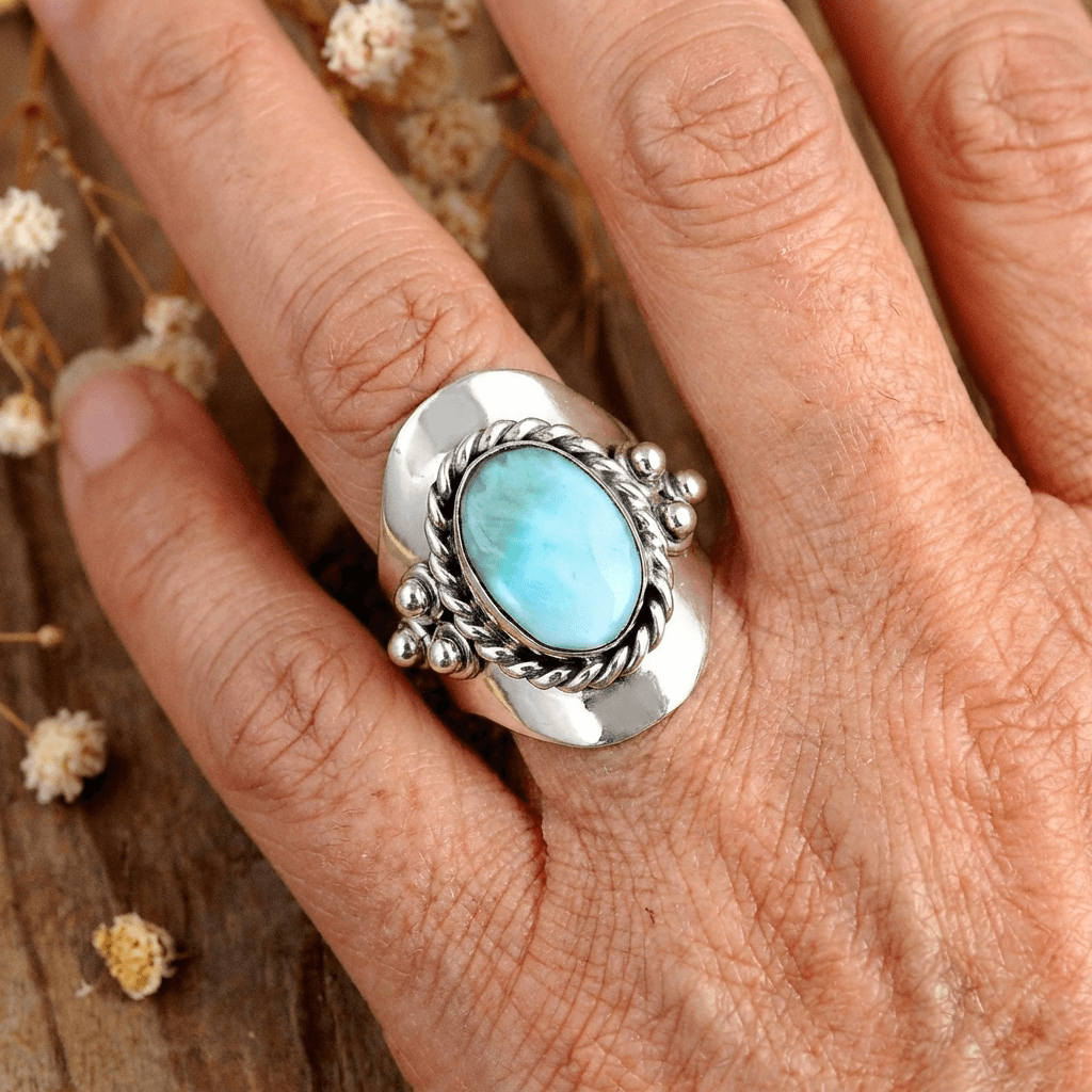 Oval Larimar Silver Boho Ring