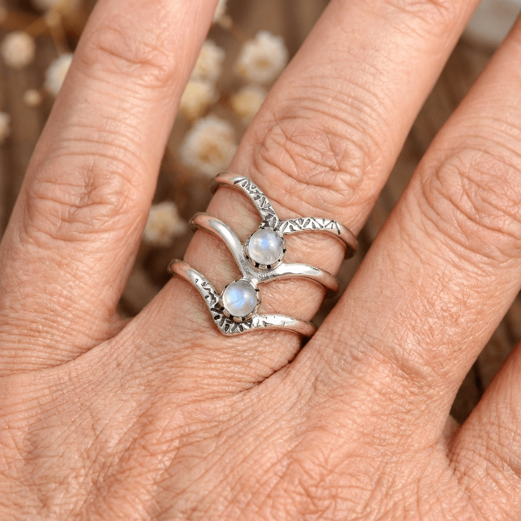 Bohemian Triple Chevron Rainbow Moonstone Silver Ring
