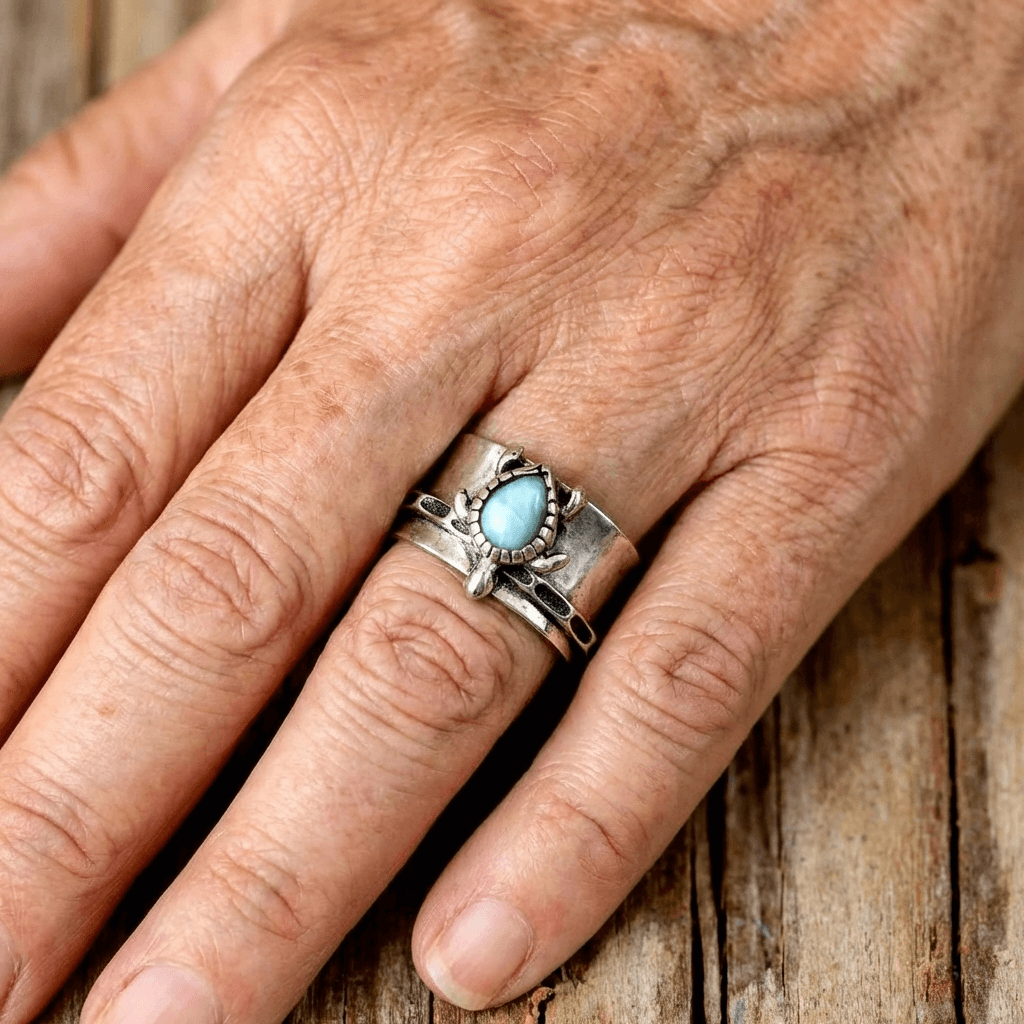 Elegant Turtle Larimar Silver Statement Fidget Ring
