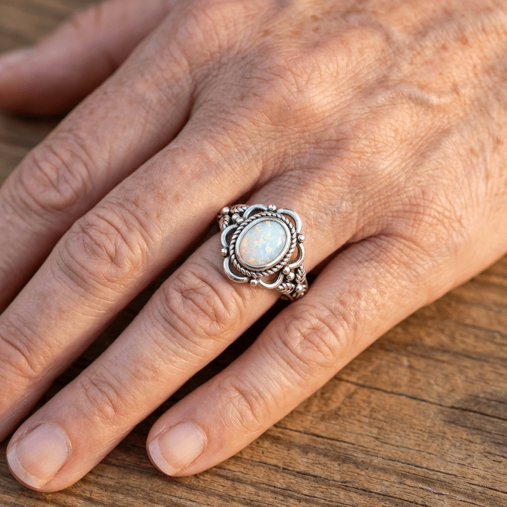Silver Plated Opal Rhinestone Leaf Ring