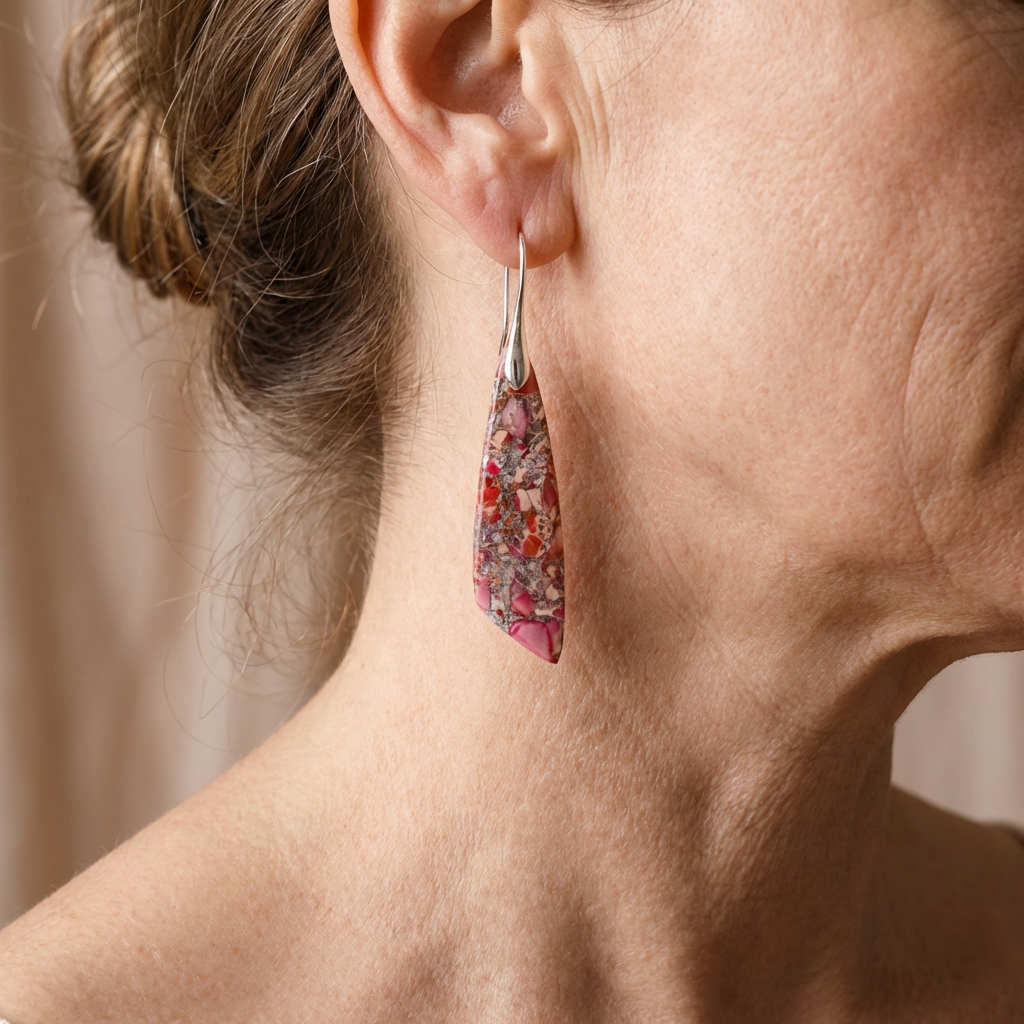 Natural Stone Autumn Blaze Triangle Jadeite Hook Earrings