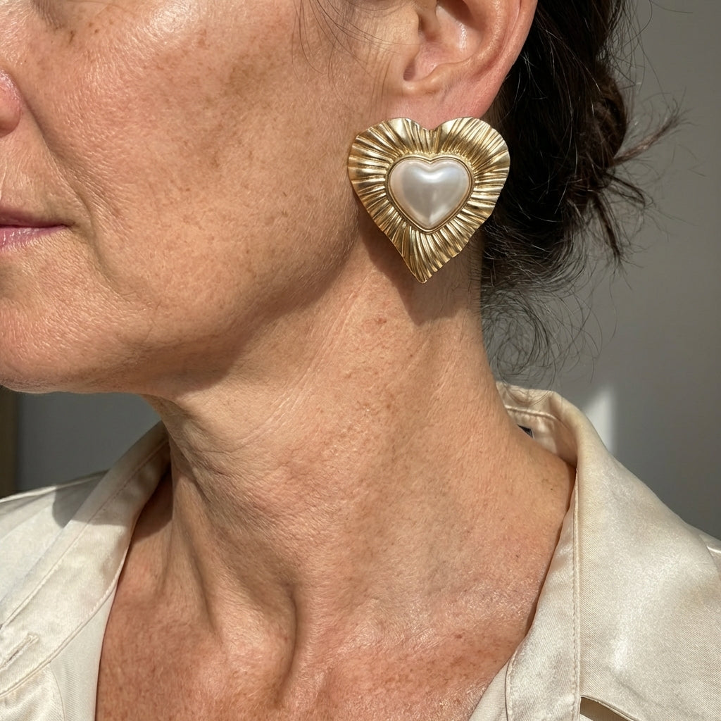 Vintage Gold Plated Faux Pearl Inlay Heart Shaped Stud Earrings