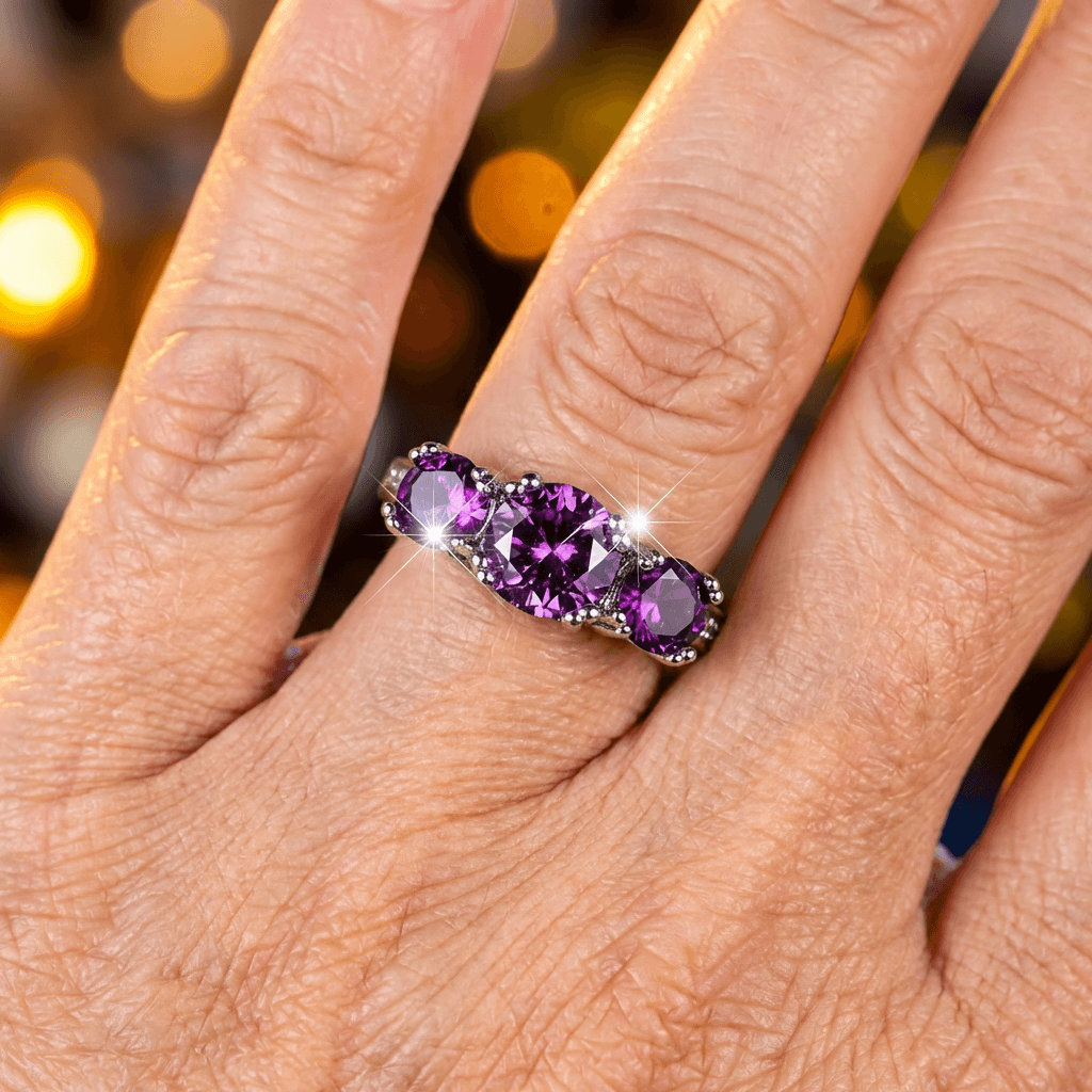 Three Stone Purple Round Zirconia Ring