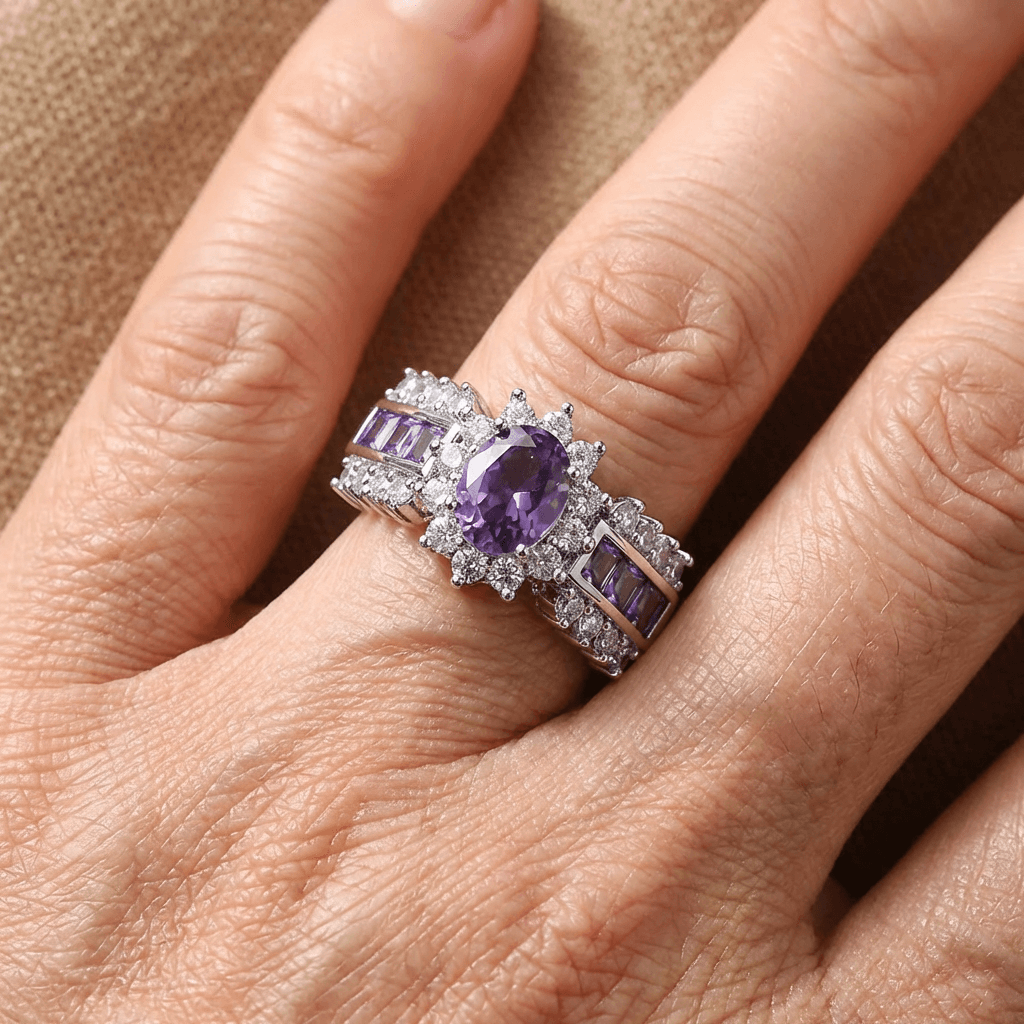 Silver Purple Oval Zirconia Stone Rings