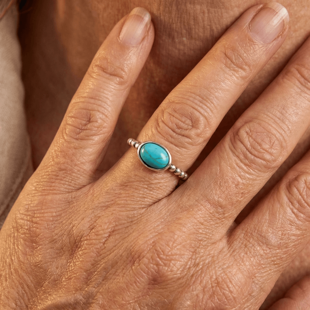 Bohemian Silver Plated Ellipse Turquoise Beaded Ring
