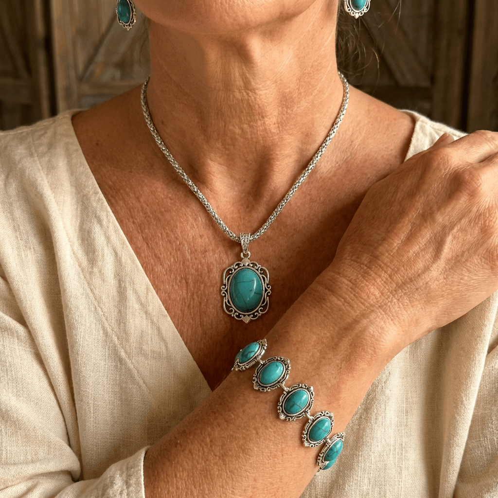 Turquoise Floral Geometric Pattern Jewelry Set