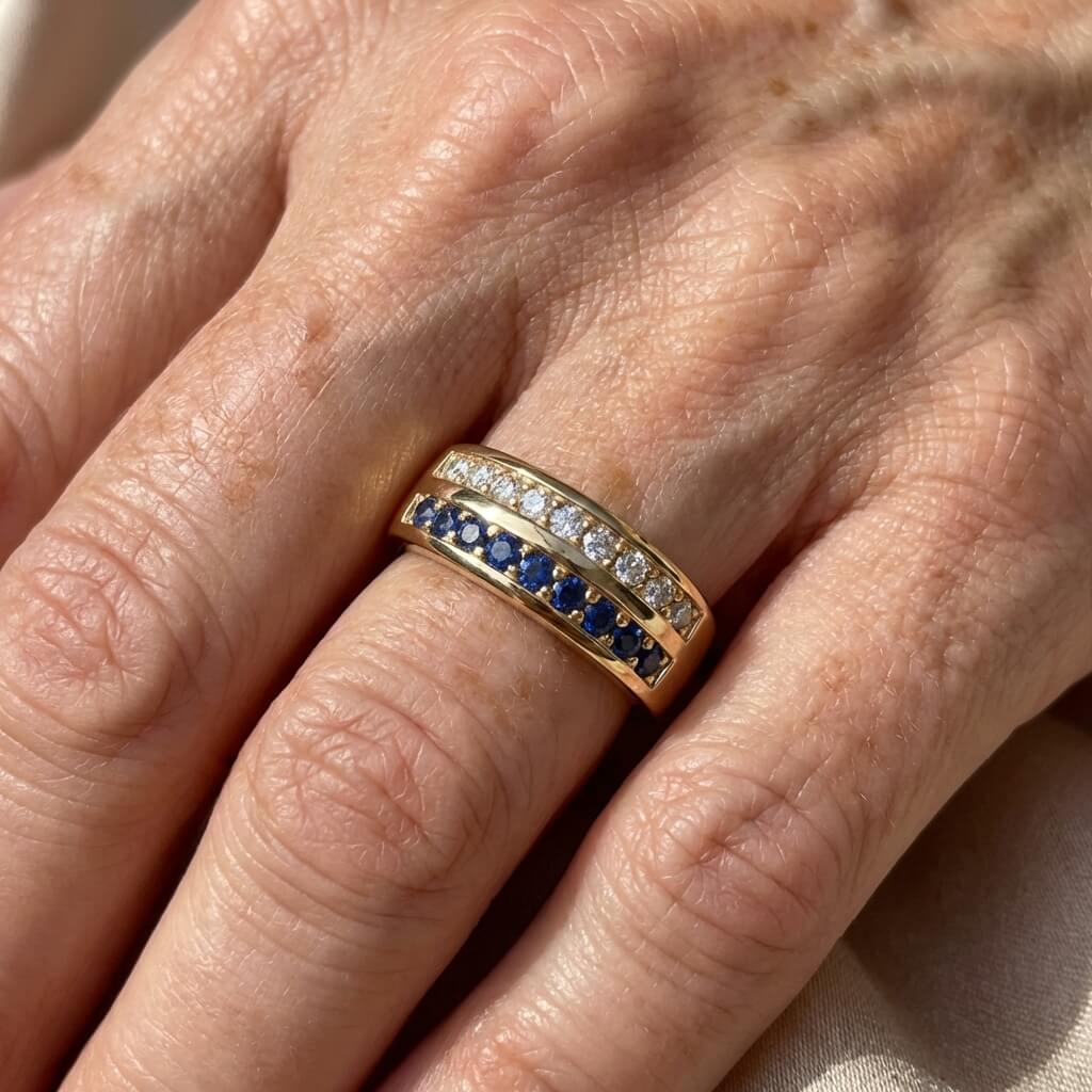 Elegant Double Row Blue Crystal Gold Plated Band Ring