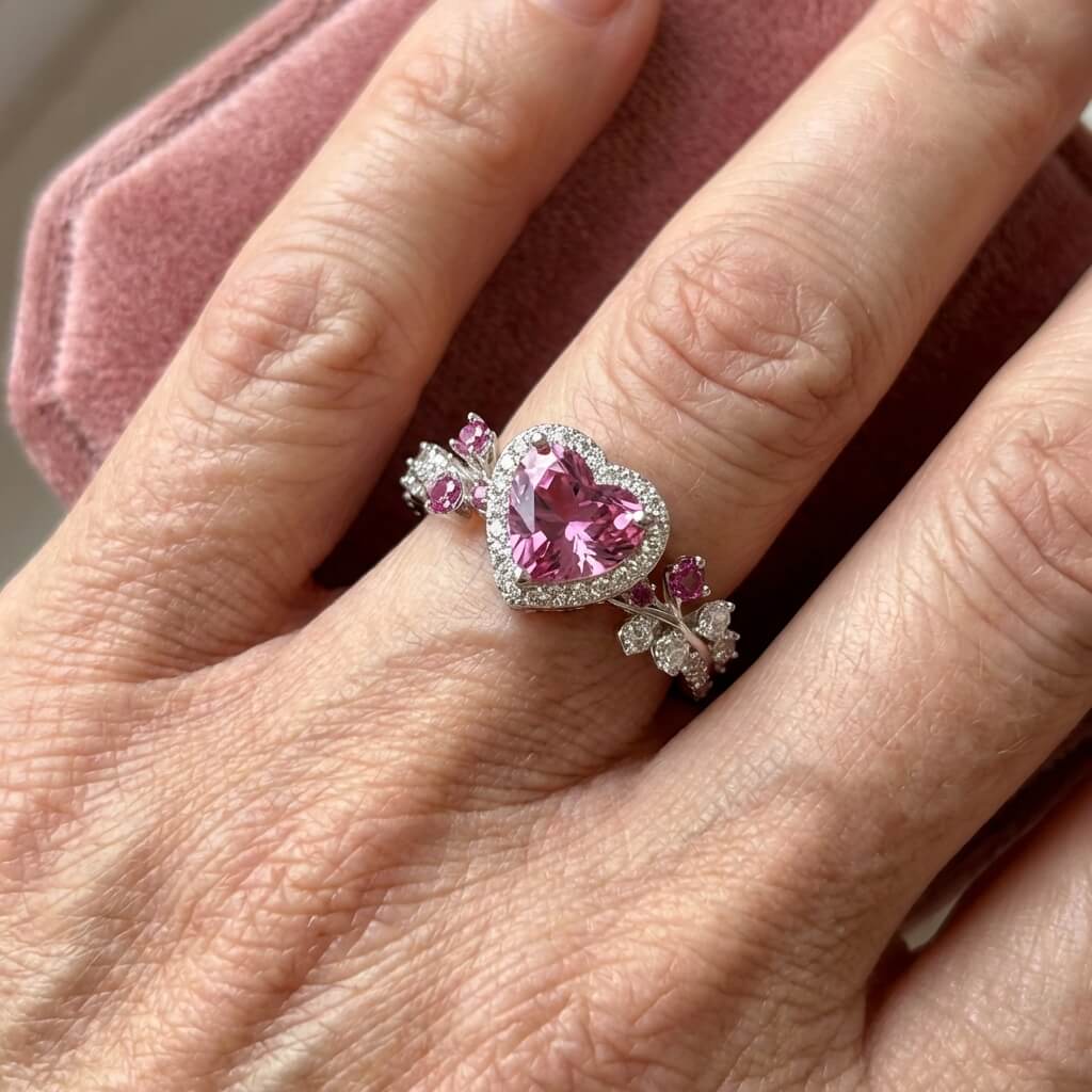 Elegant Silver Plated Pink Heart Zirconia Crystal Ring