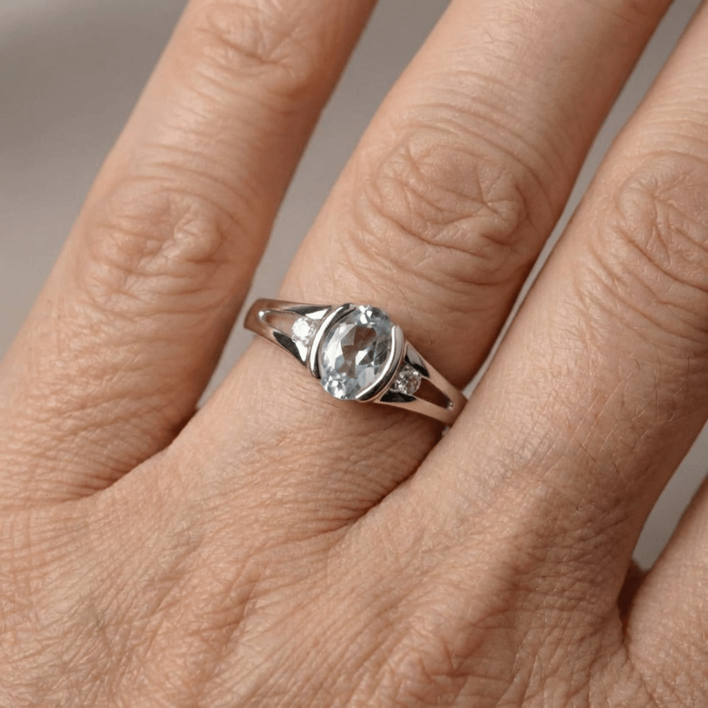 Elegant Silver Plated Oval Light Blue Stone Ring
