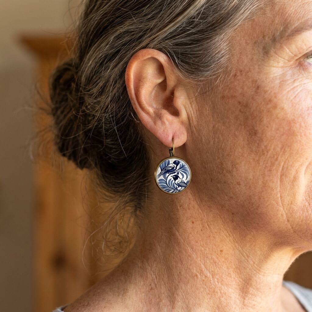 Blue Bird Shaped Round Hook Earrings