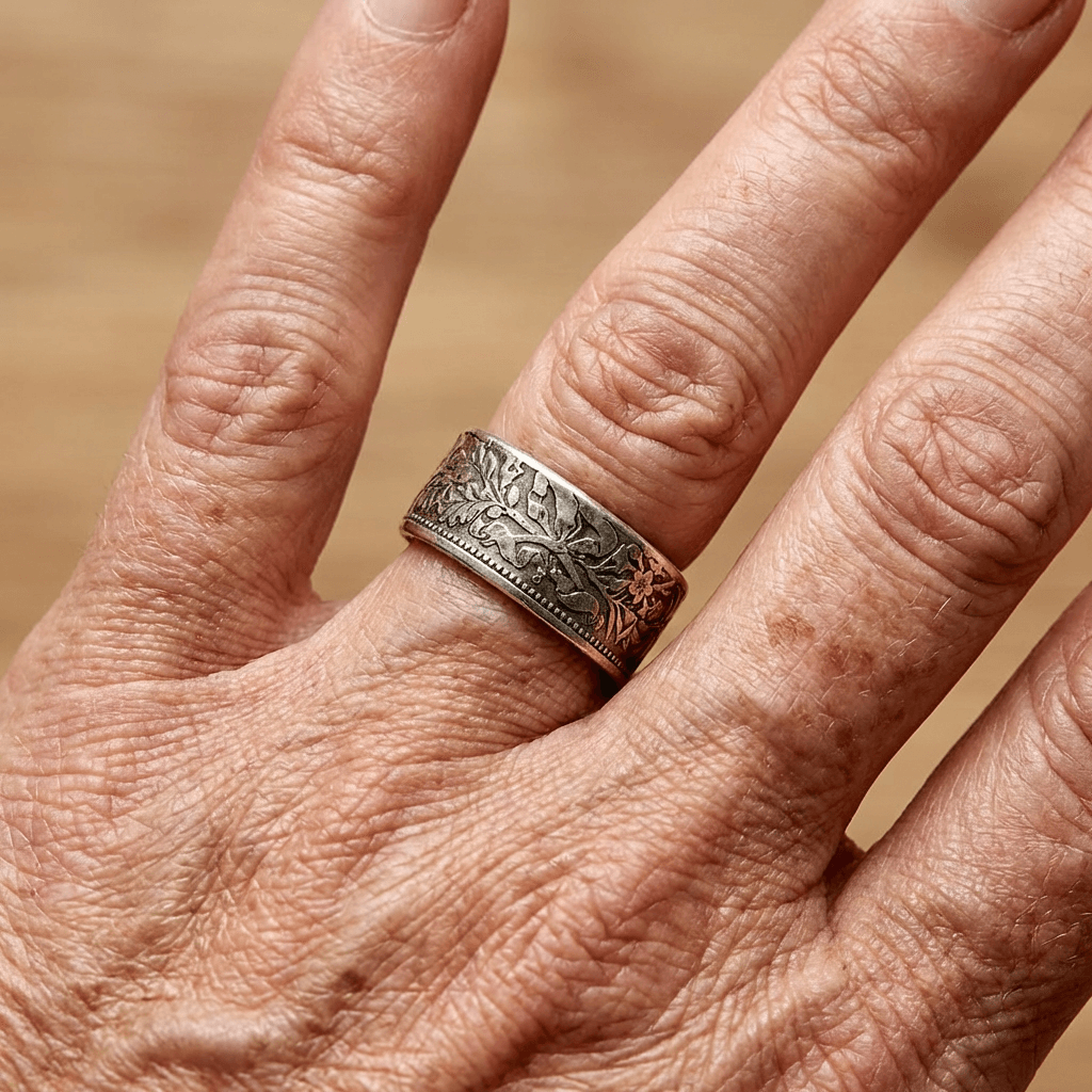 Vintage Silver Plated Snowflake & Coin Pattern Ring