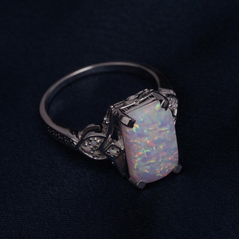 Silver Plated Rectangular Opal Ring