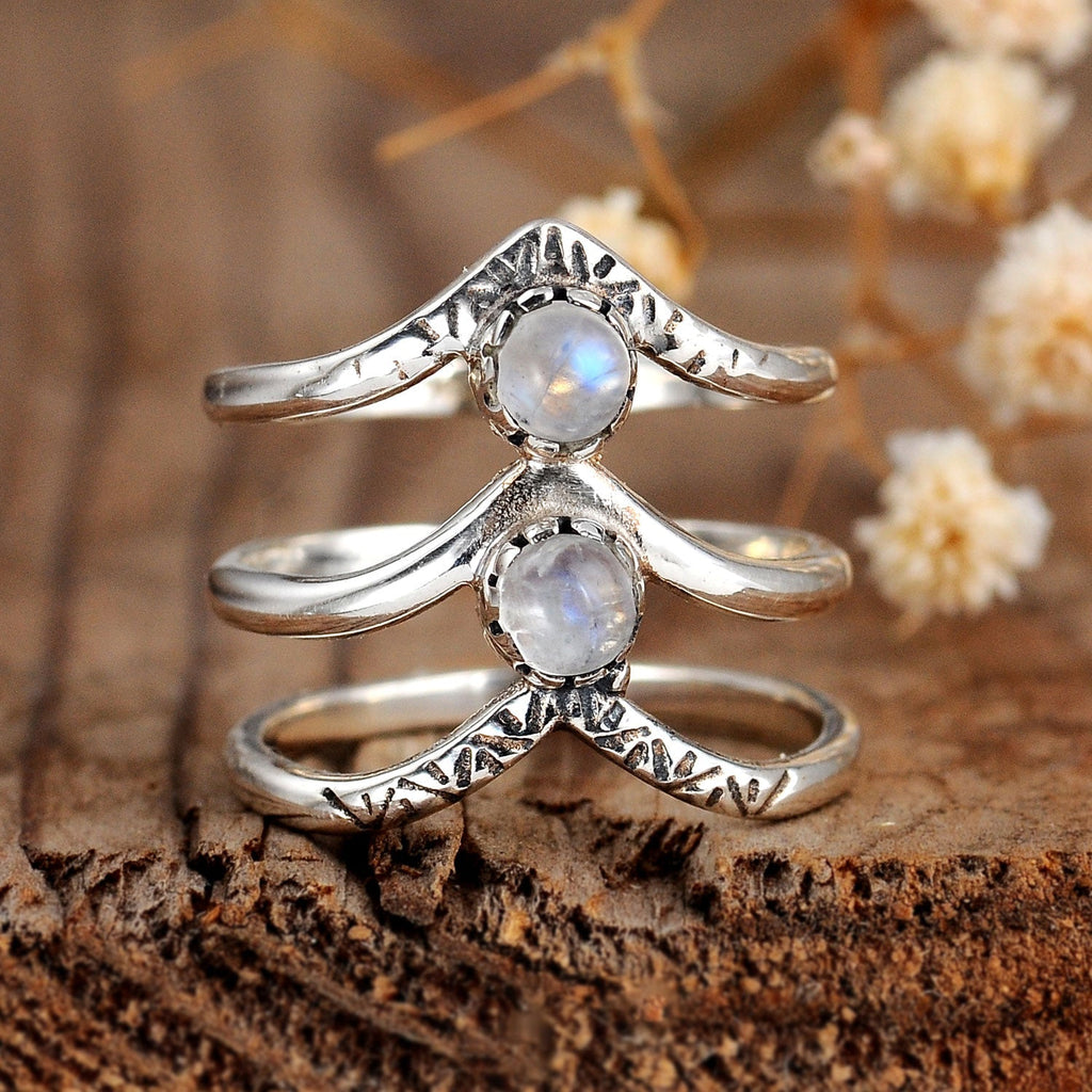Bohemian Triple Chevron Rainbow Moonstone Silver Ring